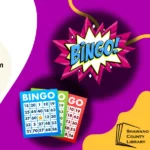 Magenta and yellow background with Shawano County Library logo in the corner. Bingo sheets and large blue text that says BINGO!