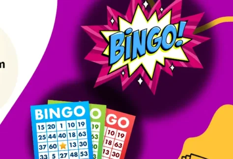 Magenta and yellow background with Shawano County Library logo in the corner. Bingo sheets and large blue text that says BINGO!