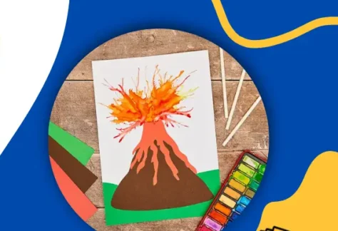 blue and yellow background with photo of a volcano paper art with lava. Shawano County Library logo in the lower right corner.