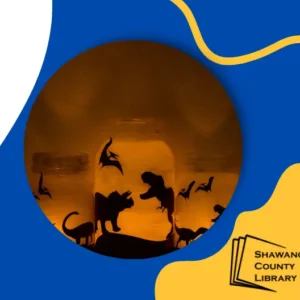 Blue and yellow background with photo of dinosaur silhouettes on a candle.