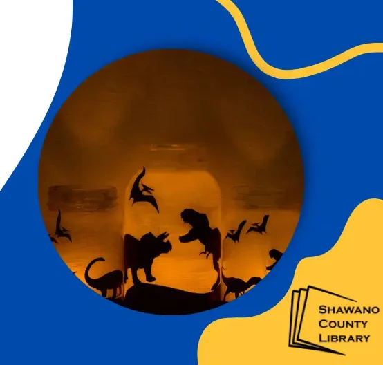 Blue and yellow background with photo of dinosaur silhouettes on a candle.