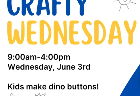 Blue and white background with blue and yellow text that says Crafty Wednesday. Small sketch of a dinosaur at the bottom.