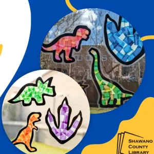 Blue background. Red, blue, green and orange outline dinosaurs with stain glass insides. Shawano County Library logo