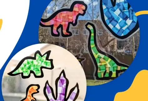 Blue background. Red, blue, green and orange outline dinosaurs with stain glass insides. Shawano County Library logo
