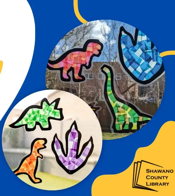 Blue background. Red, blue, green and orange outline dinosaurs with stain glass insides. Shawano County Library logo