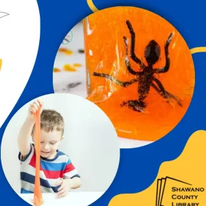 Blue background. Child pulling up orange slime. Ant in orange amber. Shawano County Library logo