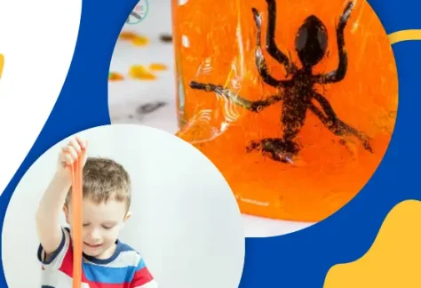 Blue background. Child pulling up orange slime. Ant in orange amber. Shawano County Library logo