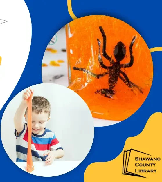 Blue background. Child pulling up orange slime. Ant in orange amber. Shawano County Library logo