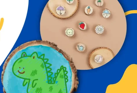 Blue background. Green dinosaur with a blue background on a wood magnet. Shawano County logo.
