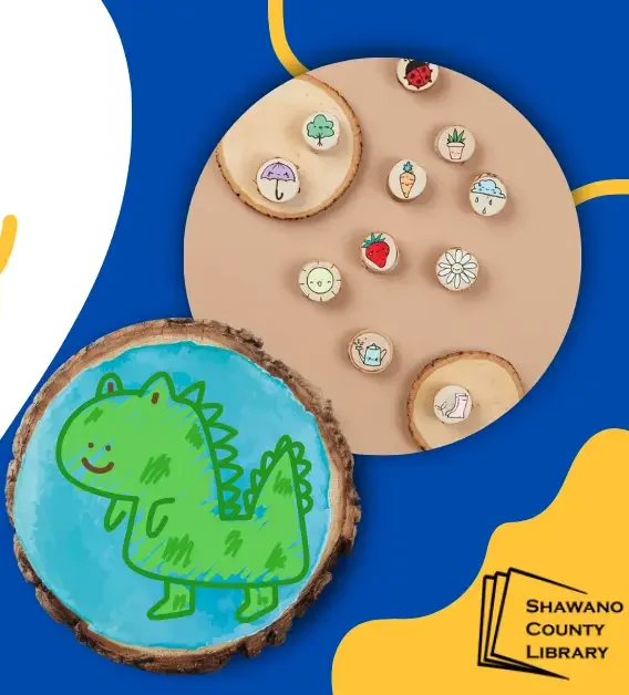 Blue background. Green dinosaur with a blue background on a wood magnet. Shawano County logo.