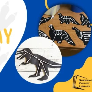 Blue background with dinosaur craft. Text Crafty Wednesday. Shawano County Library Logo.
