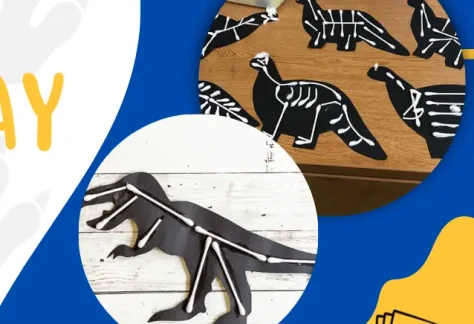 Blue background with dinosaur craft. Text Crafty Wednesday. Shawano County Library Logo.