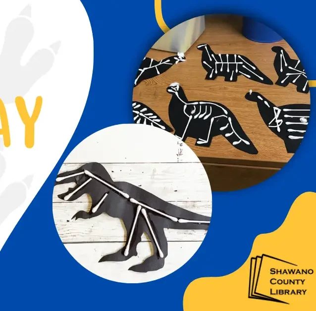 Blue background with dinosaur craft. Text Crafty Wednesday. Shawano County Library Logo.
