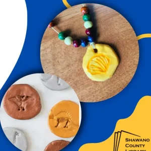 Blue background. Fossil and footprints in clay. Beaded neckless with yellow clay pendent.