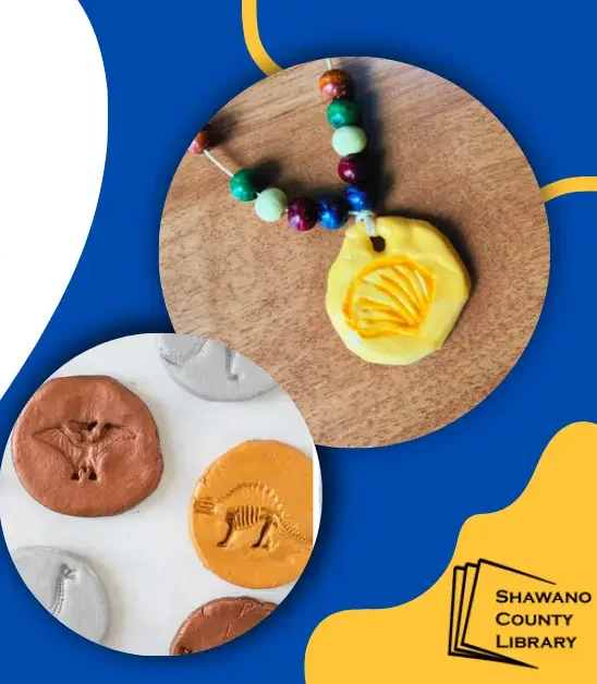 Blue background. Fossil and footprints in clay. Beaded neckless with yellow clay pendent.