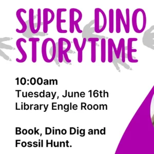 Magenta and white background with grey dinosaur footprints. Magenta text says Super Dino Storytime.