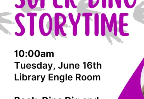 Magenta and white background with grey dinosaur footprints. Magenta text says Super Dino Storytime.