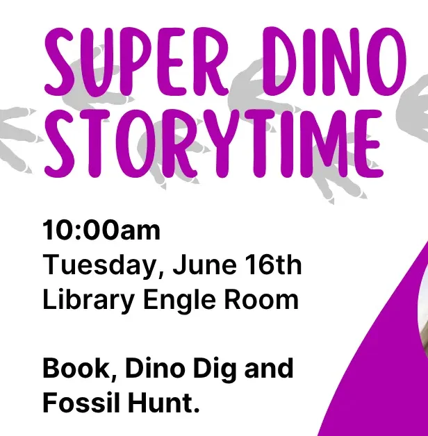 Magenta and white background with grey dinosaur footprints. Magenta text says Super Dino Storytime.