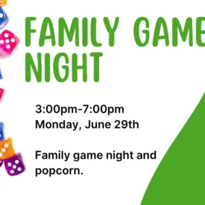 Green and white background with board game pictures. Title: Family Game night in green letters.