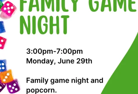 Green and white background with board game pictures. Title: Family Game night in green letters.