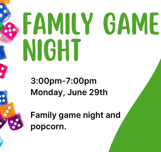 Green and white background with board game pictures. Title: Family Game night in green letters.