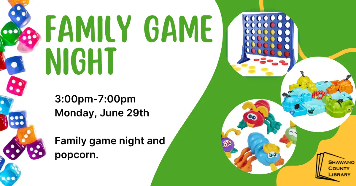 Green and white background with board game pictures. Title: Family Game night in green letters.