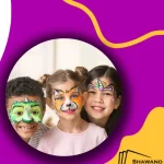 Purple background. Three children with face paintings. Shawano County logo.