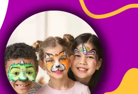 Purple background. Three children with face paintings. Shawano County logo.