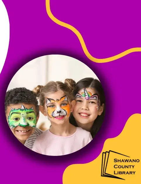Purple background. Three children with face paintings. Shawano County logo.