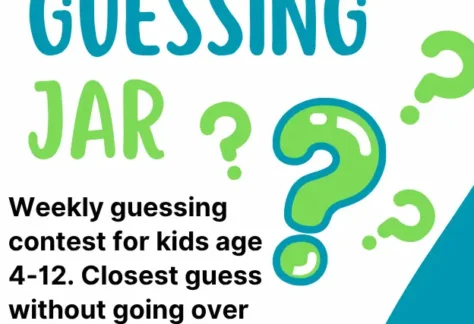 Teal and white background with large green question marks and text. Reads Guessing Jar.