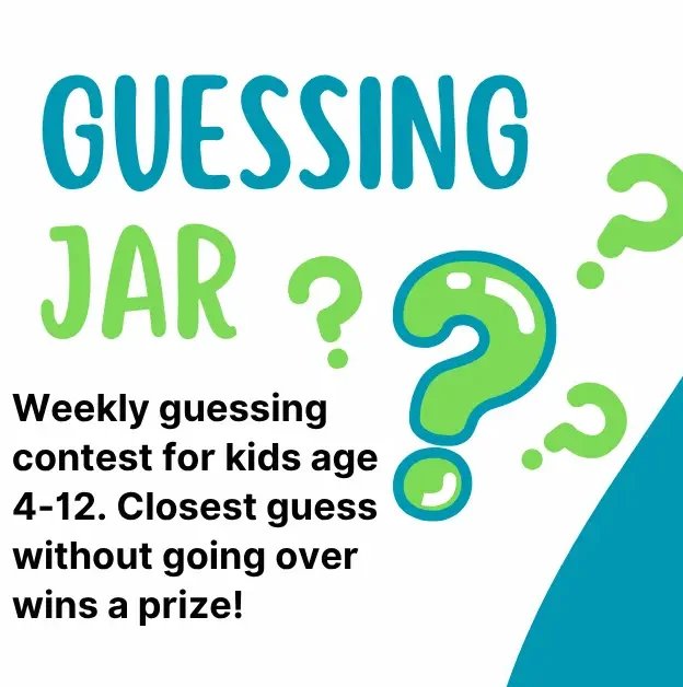 Teal and white background with large green question marks and text. Reads Guessing Jar.