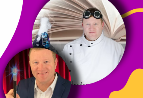 Purple background. Two images of Jim Lenz the science guy. Shawano County Library logo.