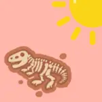 Illustration of a dinosaur fossil on a pink background with a yellow sun in the corner, links to more information