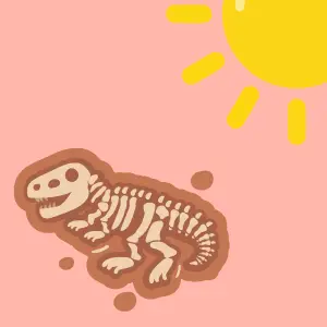 Illustration of a dinosaur fossil on a pink background with a yellow sun in the corner, links to more information