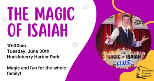 Magenta and white background with a photo of a magician. Title: Magic of Isaiah in magenta letters.