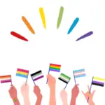 Diverse hands holding various pride flags below colorful painted lines, links to more information