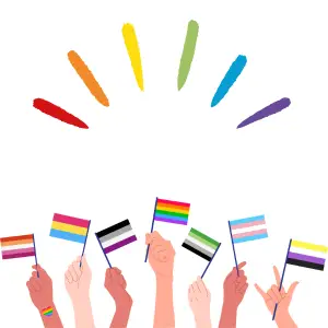 Diverse hands holding various pride flags below colorful painted lines, links to more information