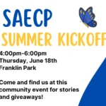 Blue and white background. Blue and yellow text says SAECP Summer Kickoff.