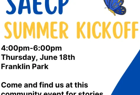 Blue and white background. Blue and yellow text says SAECP Summer Kickoff.