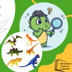 Green and white background with colorful dinosaurs.