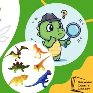 Green and white background with colorful dinosaurs.