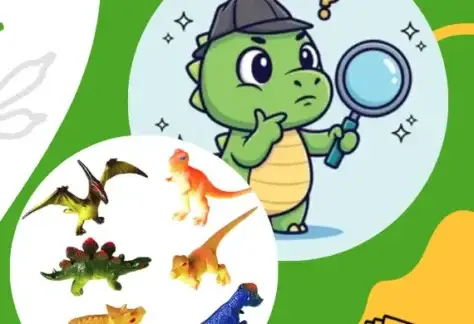 Green and white background with colorful dinosaurs.