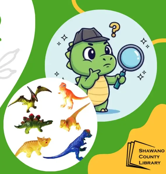 Green and white background with colorful dinosaurs.