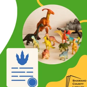 Green background. Plastic dinosaurs standing in many colors. Blue dino print and blue ribbon on a certificate.