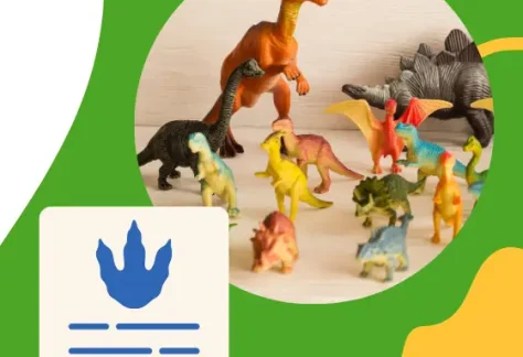 Green background. Plastic dinosaurs standing in many colors. Blue dino print and blue ribbon on a certificate.