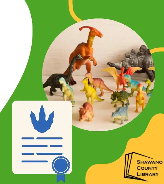 Green background. Plastic dinosaurs standing in many colors. Blue dino print and blue ribbon on a certificate.