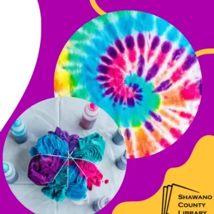 Purple background. Tie dye shirt. Shawano County Library logo.