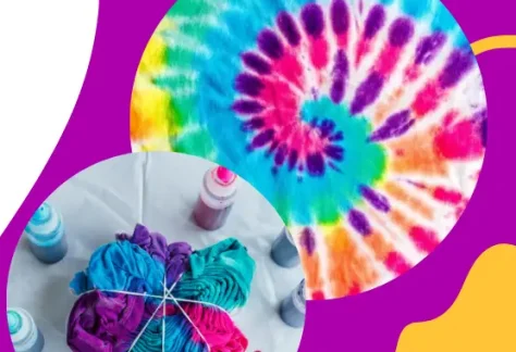 Purple background. Tie dye shirt. Shawano County Library logo.