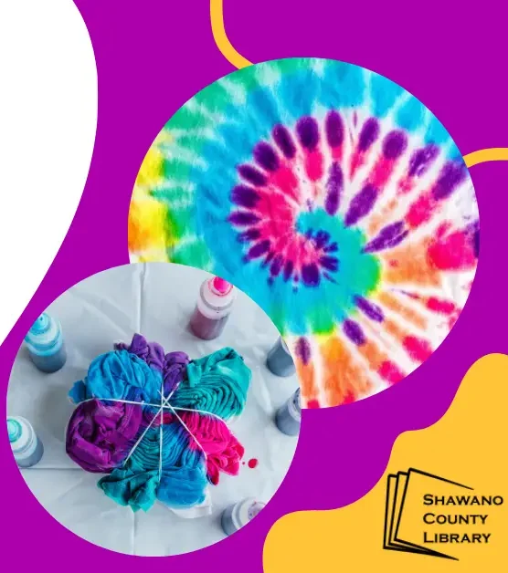 Purple background. Tie dye shirt. Shawano County Library logo.