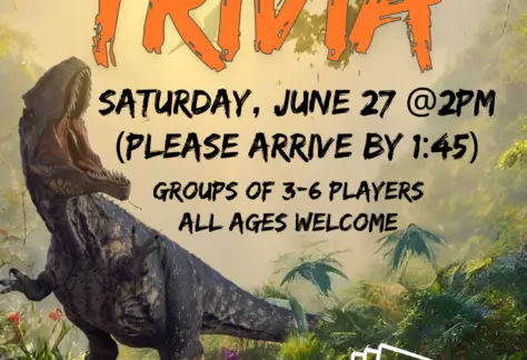 "Prehistoric Trivia Saturday, June 27 @2pm (Please arrive by 1:45) Groups of 3-6 players All ages welcome Registration required Limited spots available 128 S Sawyer St." Shawano County Library logo Picture of roaring dinosaur